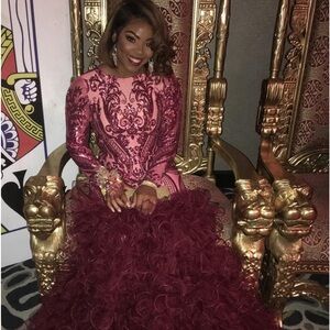 Maroon custom long sleeve lace prom dress with Tulle skirt. Fits like a glove